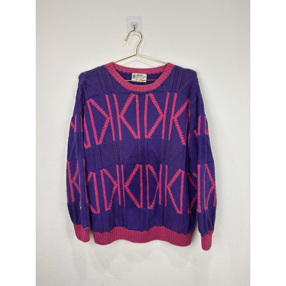 Vintage Amano Sweater Cotton K Geometric Pink Purple Ecuador Large Valentines